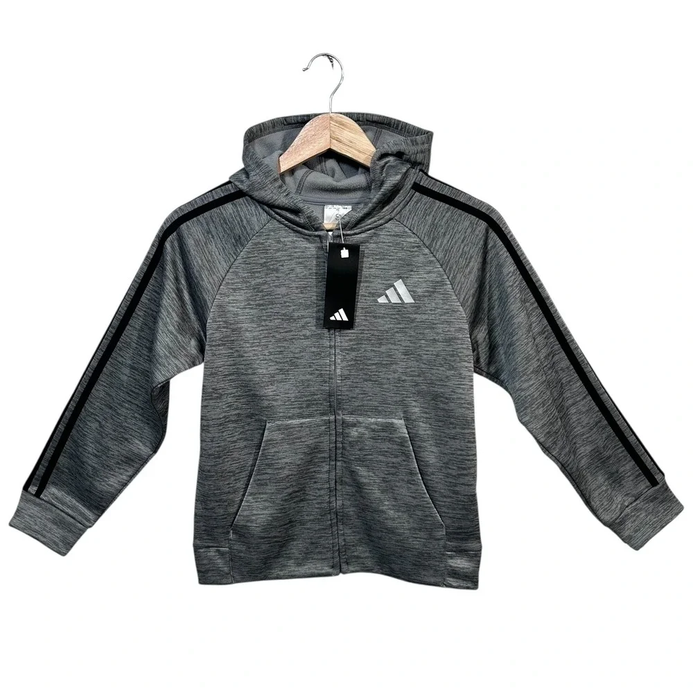 Adidas Boys Full Zip Fleece Hooded Track Jacket Size S‎ (8) Gray Black 3-Stripe